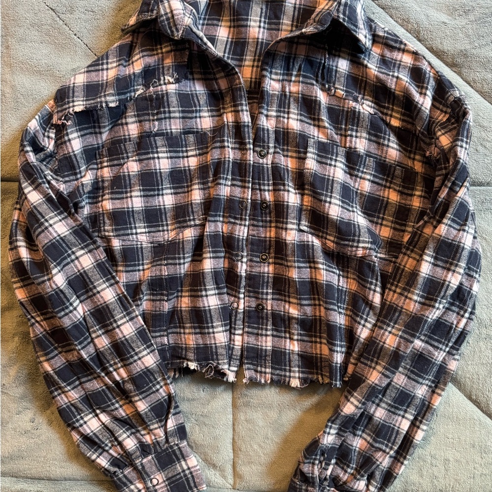 Altar'd State Plaid Button-Up in Navy and Pink